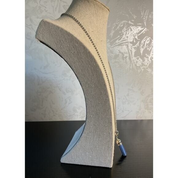 Silver Beadball Necklace With Blue Tassel Pendant - Picture 3 of 4